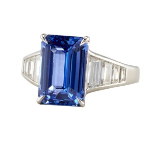 Platinum Emerald Cut Blue Sapphire Diamond Ring